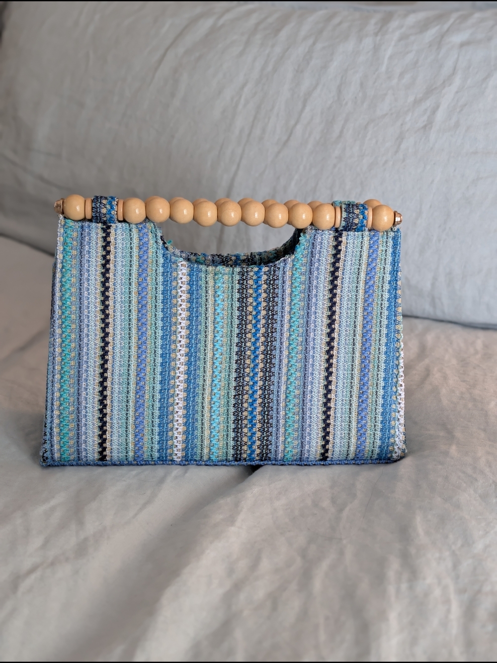 NWOT Haute Hippie Boho Woven Striped Bag Wood Bead Handle Blues & Browns